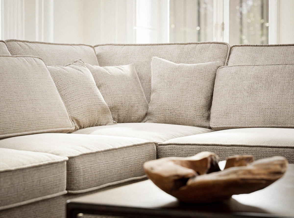 ECKSOFA Kirou Creme Chenille-Stoff - Rechts Seite - Creme/Schwarz, Holz/Holzwerkstoff (311/225cm) - Maison de Reve