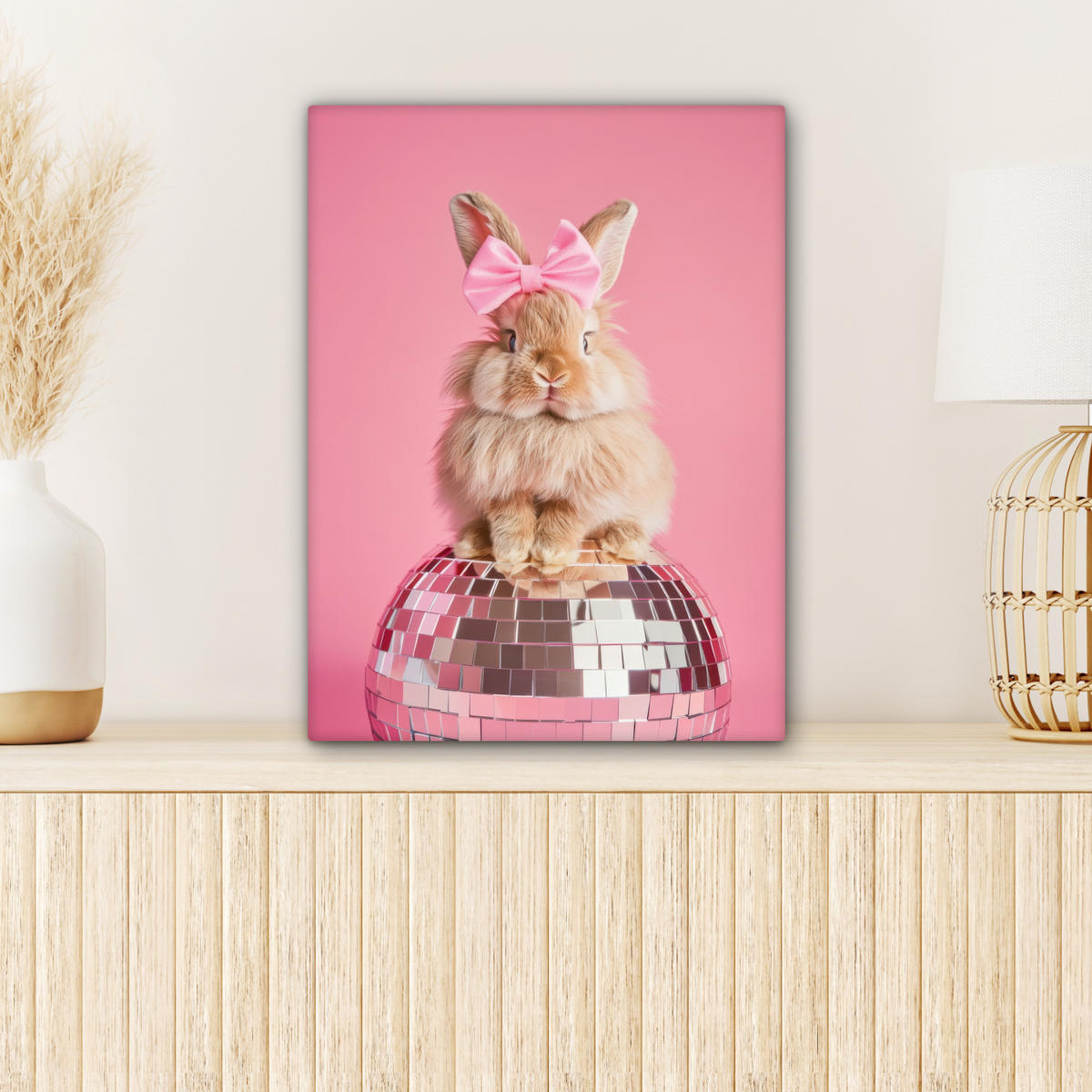 LEINWANDBILD Schleife - Discoball - Kaninchen Room Decor 30x40 cm - Pink, Textil (30/40cm) - MuchoWow