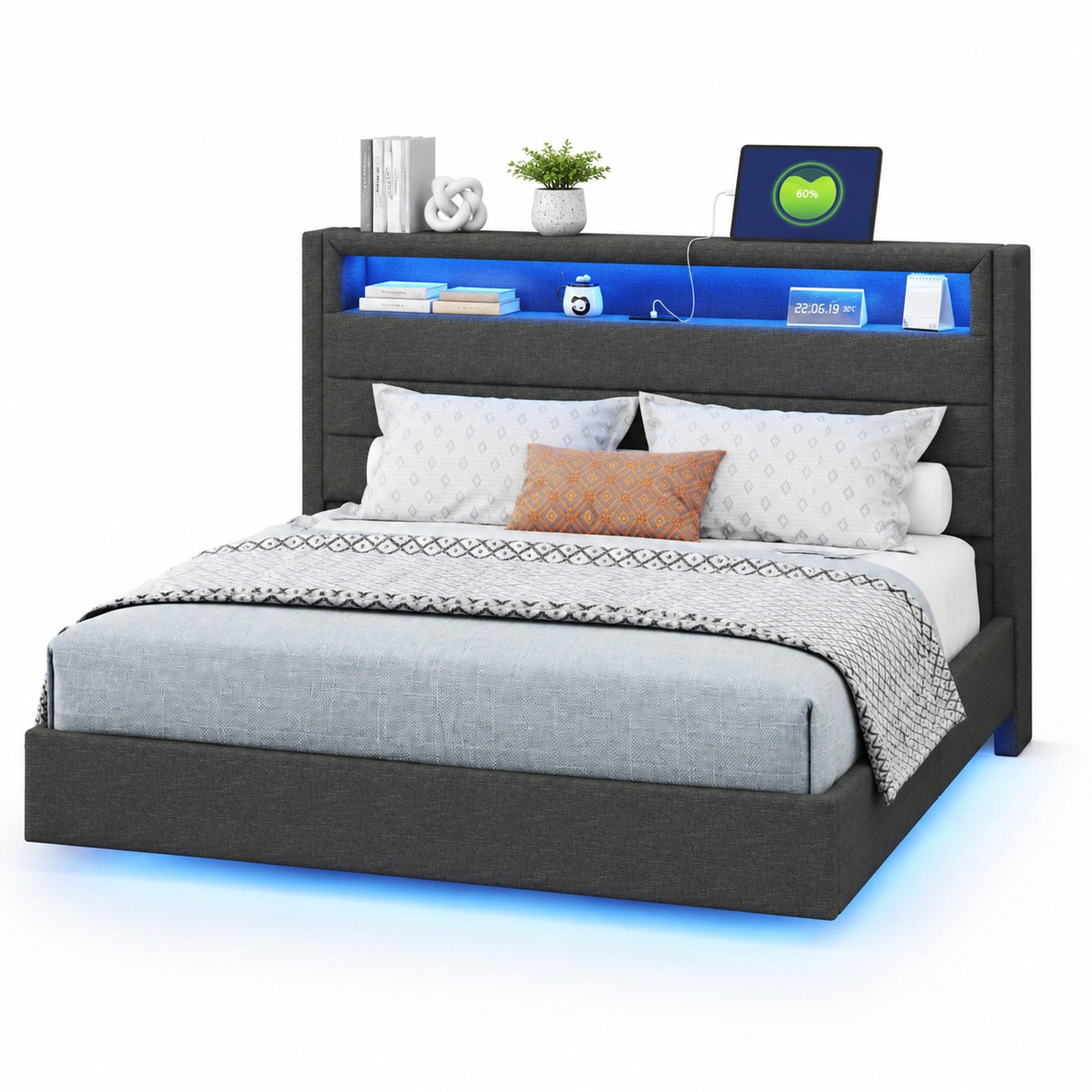 POLSTERBETT 140/200 cm aus Leinen mit USB-Steckdose und LED, Grau - Grau, Textil (140/200cm) - OKMYHOME