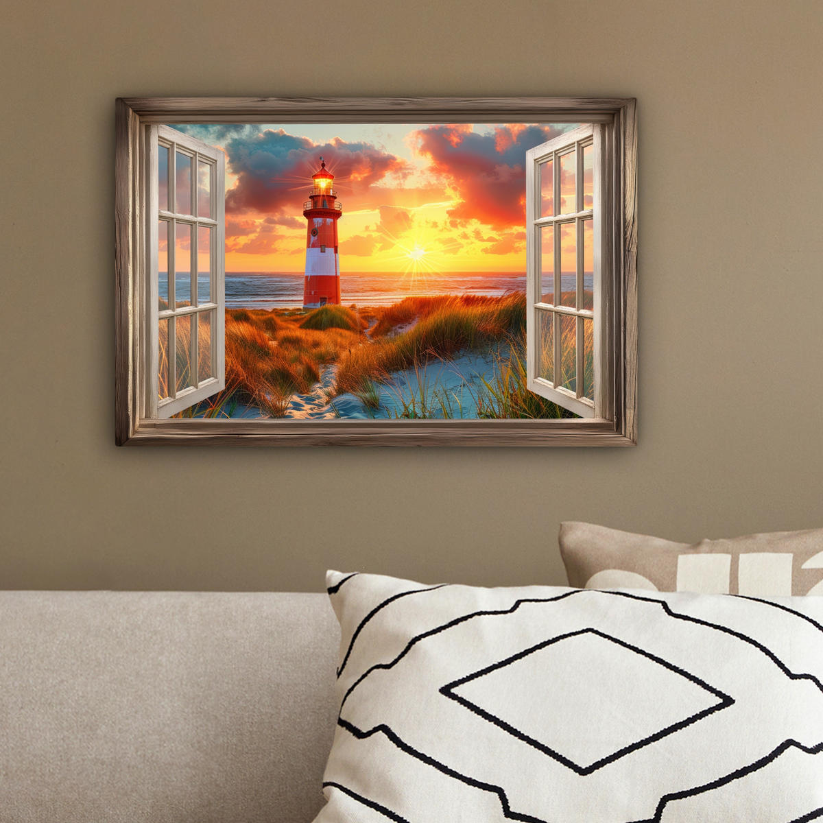 LEINWANDBILD Aussicht - Fenster - Leuchtturm - Sonnenuntergang - Strand 30x20 cm - Dunkelorange, Textil (30/20cm) - MuchoWow