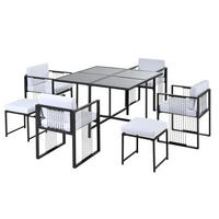 GARTENMÖBEL-SET 117/117 cm mit 4 Sesseln und 2 Hockern, Hartglas-Tischplatte und Kissen, Schwarz/Weiß - Schwarz, Metall - Redom
