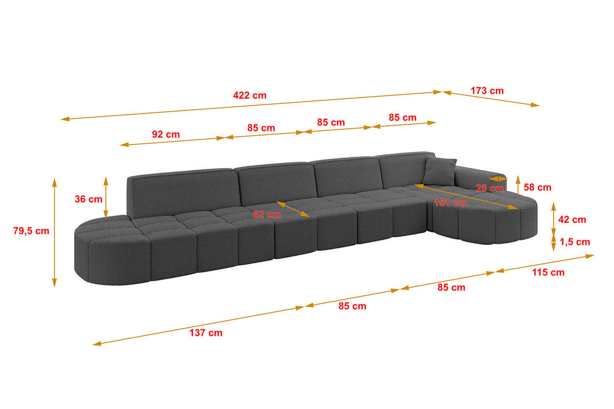 ECKSOFA Ottomane Rechts LIVO-L3 - 422x173x79,5 cm Grau - Grau, Holzwerkstoff/Textil (422/173cm) - ALTDECOR