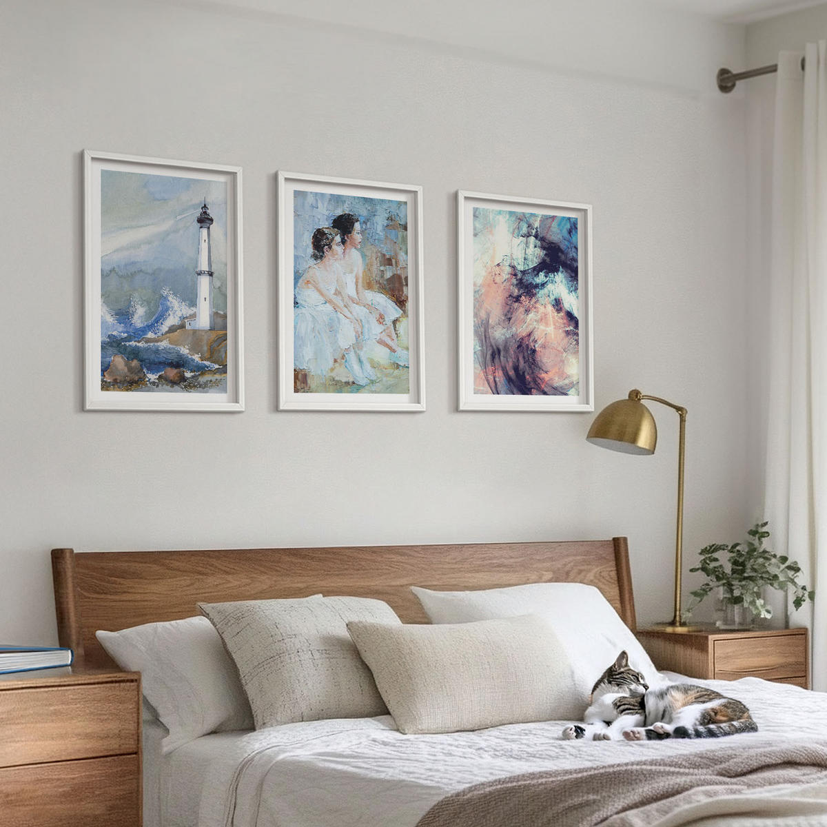 WANDBILDER 3er-Set - 40x60 cm Weißer Rahmen - Leuchtturm-Abstrakte Tänzerin - Weiß, Kunststoff (40/60cm) - ArtPrintCave