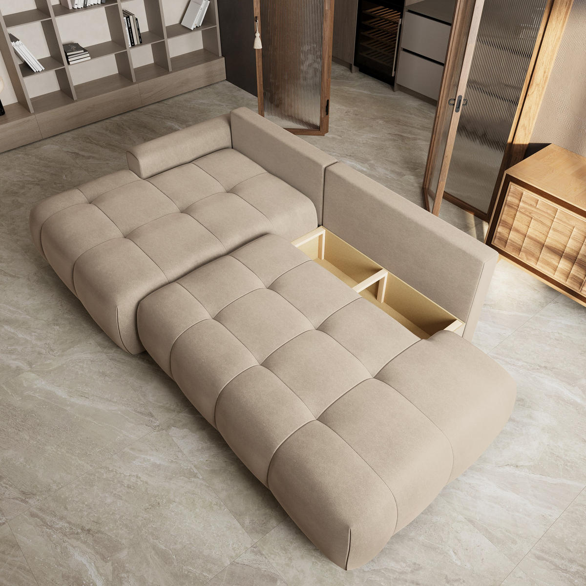 ECKSOFA FLUMA CL L-S Beige Samtstoff mit Schlaffunktion - Beige, Holzwerkstoff/Textil (279/158cm) - MASSENO