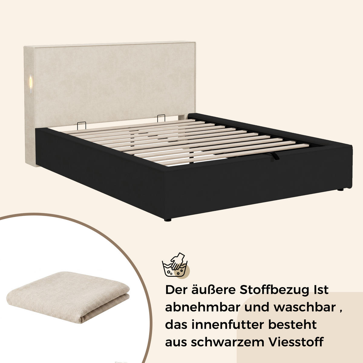 POLSTERBETT 120 x 200cm, Beige, Chenille, Stauraum - Beige, Textil (120/200cm) - FLIEKS