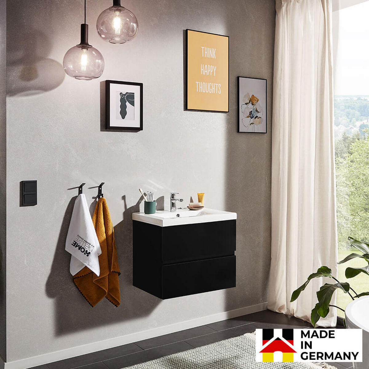 BADMÖBEL Komplettset WANGEROOGE DELUXE S - Schwarz Made in Germany - Schwarz, Holz/Keramik (60/48/41cm) - Home Deluxe