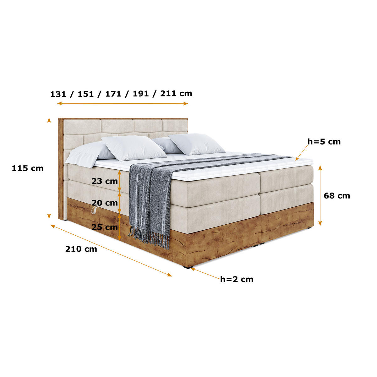 BOXSPRINGBETT mit Matratze H3|H4 und Lattenrost - LOLLI8 KING-160x200 - Beige Casablanca - Beige, Holzwerkstoff (160/200cm) - ALTDECOR