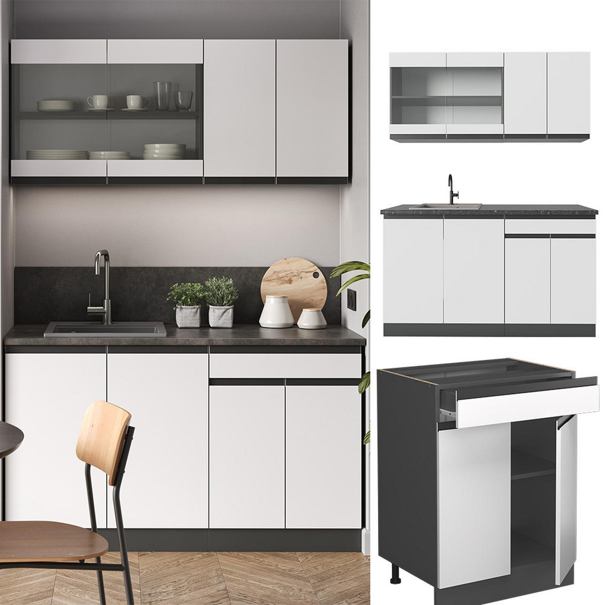SINGLEKÜCHE R-Line Weiß/Anthrazit 140 cm J-Shape - Anthrazit/Weiß, Holzwerkstoff (140/81.6/46cm) - Vicco