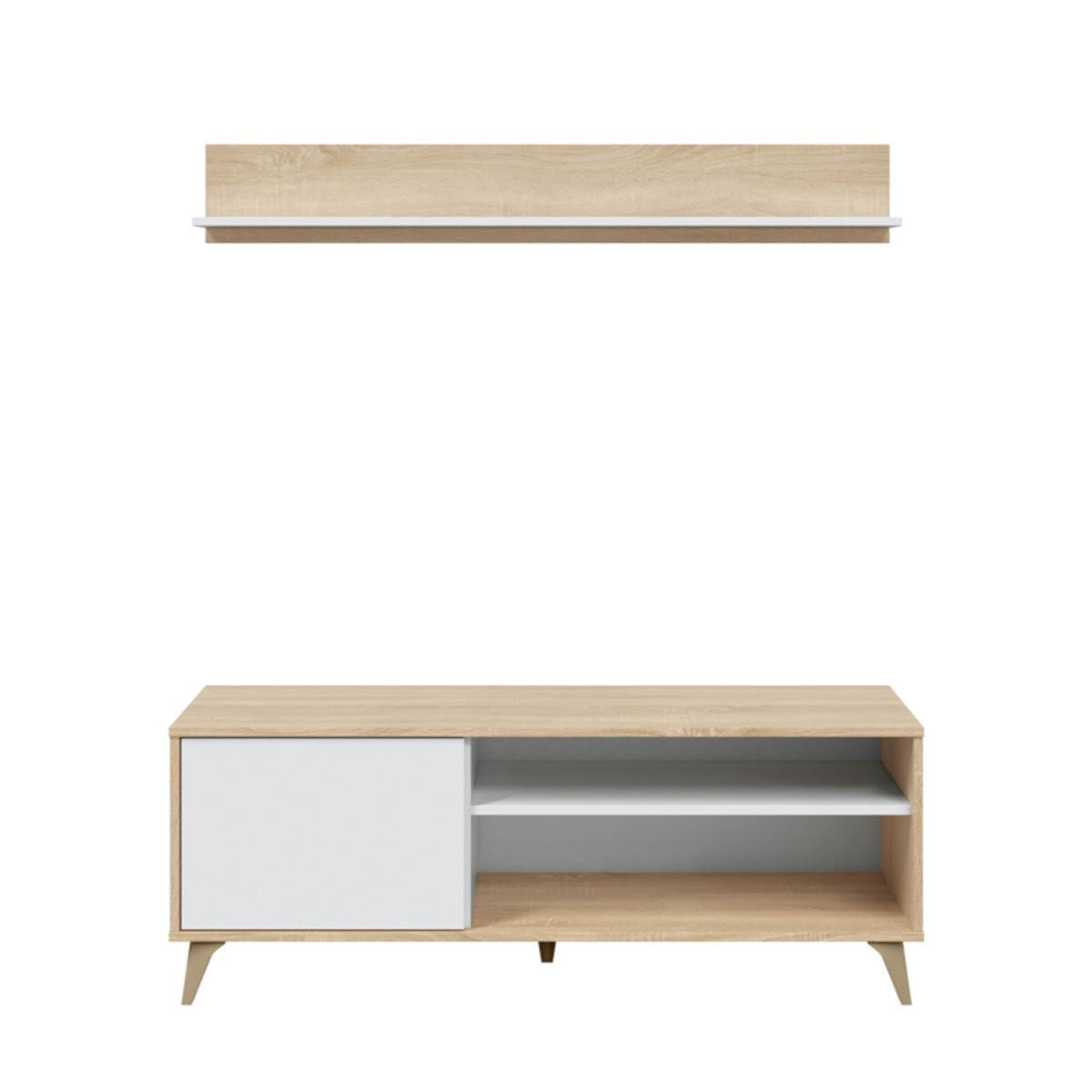 TV-MÖBEL mit 2 Nischen und 1 Tür mit seinem Wandregal Kikua Plus - L135 cm - Weiß, Holzwerkstoff (40/50/135cm) - Calicosy