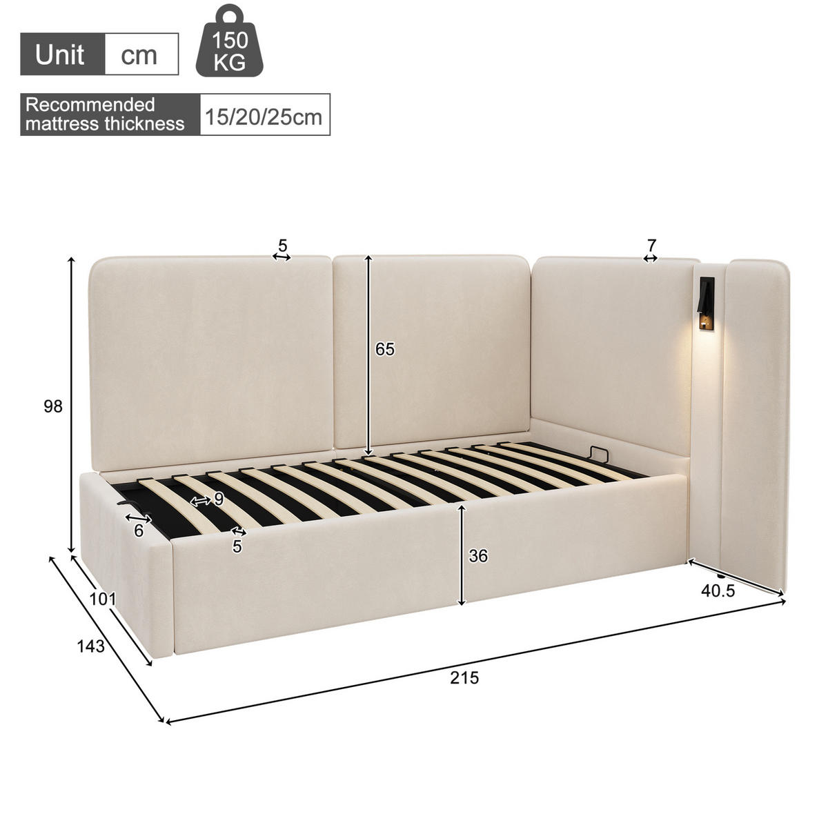KREVET 90/200 cm s hidrauličnim spremištem, USB-C priključkom i podesivom lampom, Baršun, Bež - bež, tekstil (90/200cm) - Redom