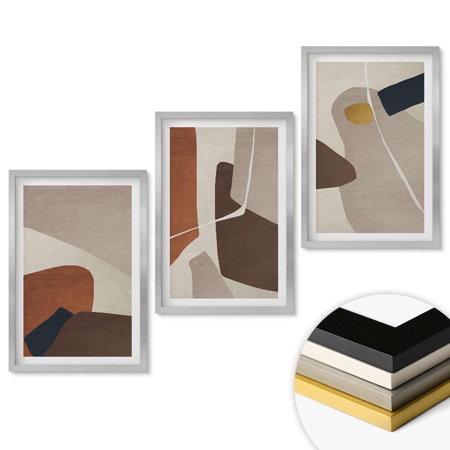 WANDBILDER 3er Set - 40x60 cm Silberner Rahmen - Abstrakte Boho-Malerei - Silberfarben, Kunststoff (40/60cm) - ArtPrintCave