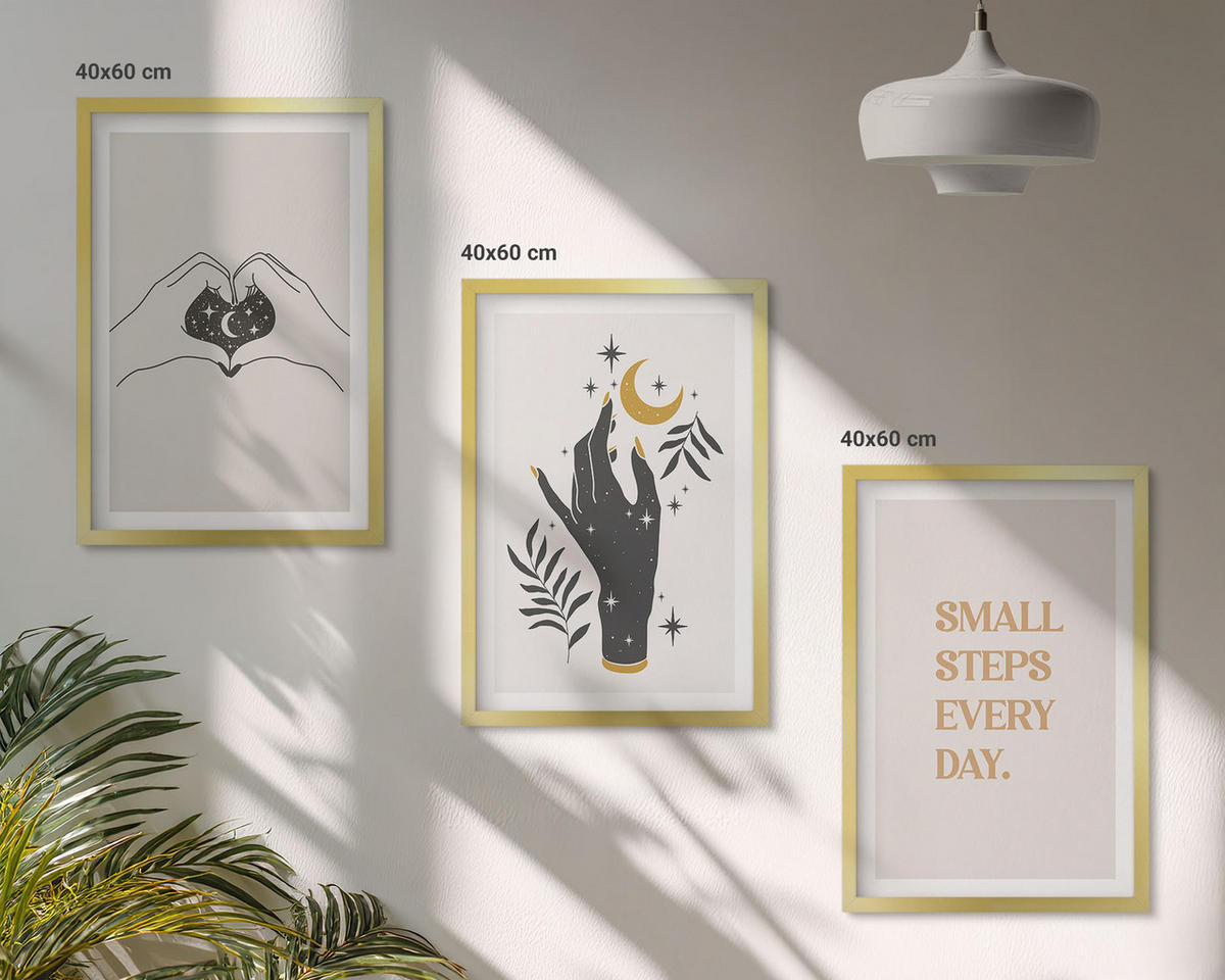 BILDER SET 3er Set - 40x60 cm Goldrahmen - Minimalistische Boho-Illustrationen - Goldfarben, Kunststoff (40/60cm) - TULUP