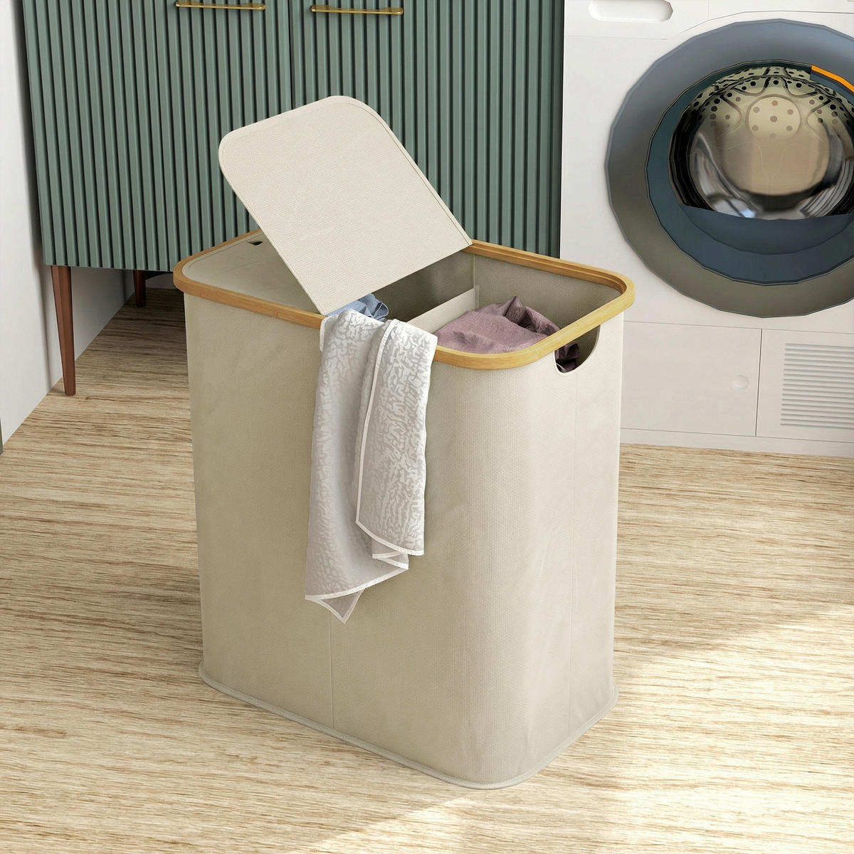 WÄSCHEKORB DE-18814 2 Fächer, 80L mit Deckel & klappbar Beige - Beige, Textil (54/58.5/34cm) - ComfortXL