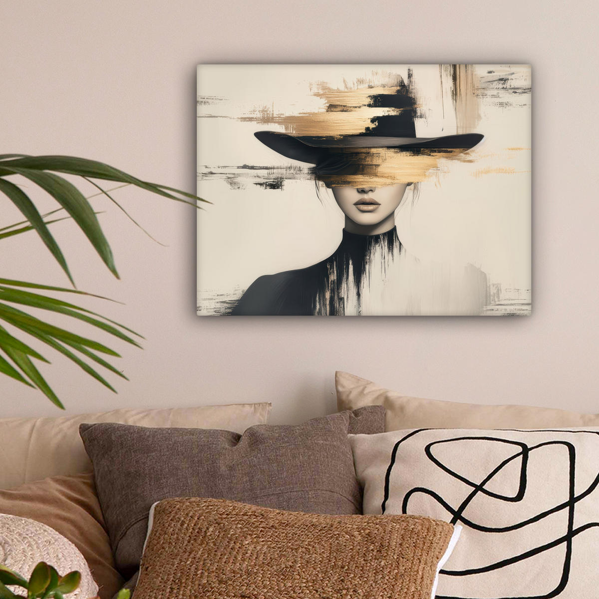 LEINWANDBILD Frau - Hut - Farbe 40x30 cm - Goldfarben, Textil (40/30cm) - MuchoWow