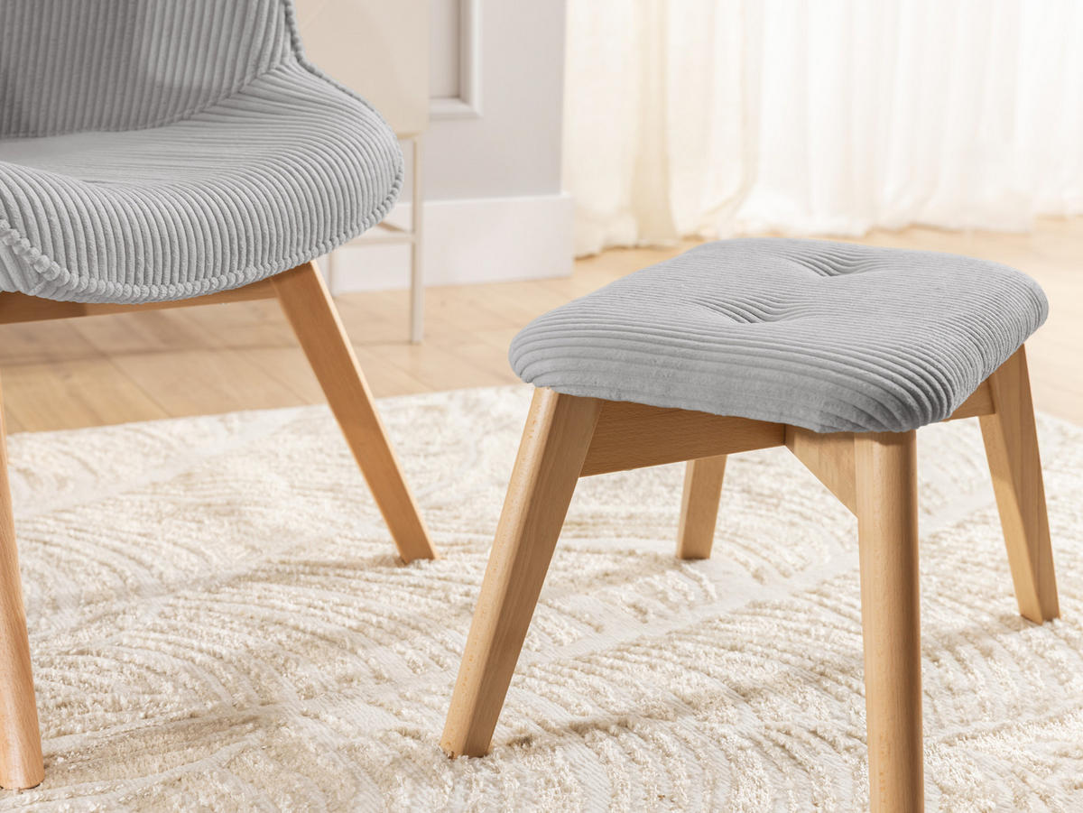 LOUNGESESSEL mit Fußhocker Lenari Hellgrau Cordstoff mit Füßen in Natur - Hellgrau/Naturfarben, Holz/Textil (71/96/86cm) - S-Style Möbel