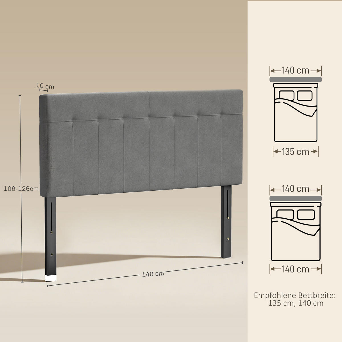 KOPFTEIL DE-10862 3-fach höhenverstellbar 106-126 cm Samtoptik Grau - Grau, Metall (10/126/140cm) - ComfortXL