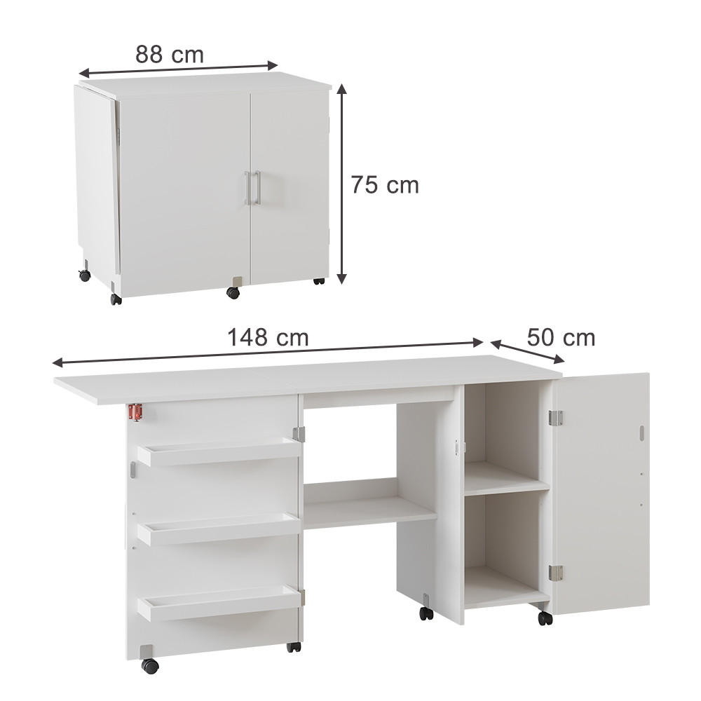 NÄHTISCH Carmen Weiß 148 x 75 cm mit 3 Regalfächer und Schrank - Weiß, Holzwerkstoff (50/148/75cm) - Vicco