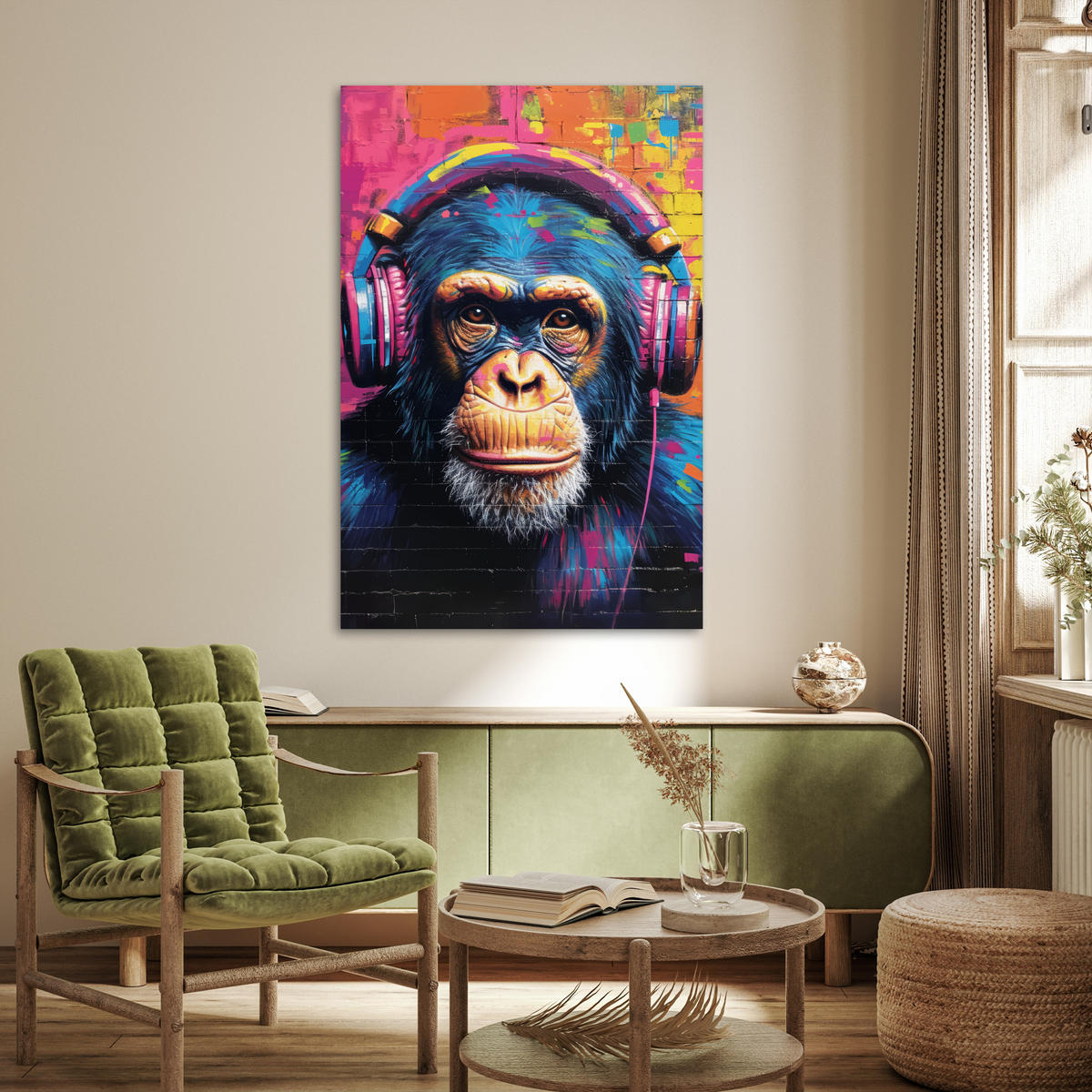 POSTER Graffiti - Schimpanse - Straßenkunst - Kopfhörer - Affe 80x120 cm - Blau, Papier (80/120/0.1cm) - MuchoWow