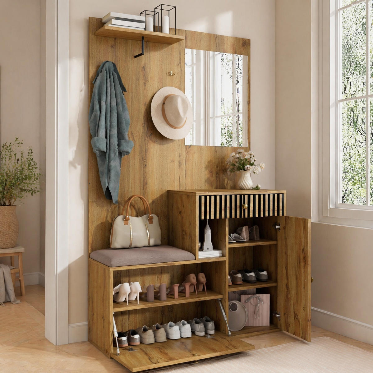 GARDEROBE-SET in Naturfarben Garderobenschrank mit Spiegel für Eingangsbereich und Flur, B110/T37/H185.5 cm - Schwarz/Naturfarben, Glas/Holzwerkstoff (111/185.5/37cm) - STILVORA