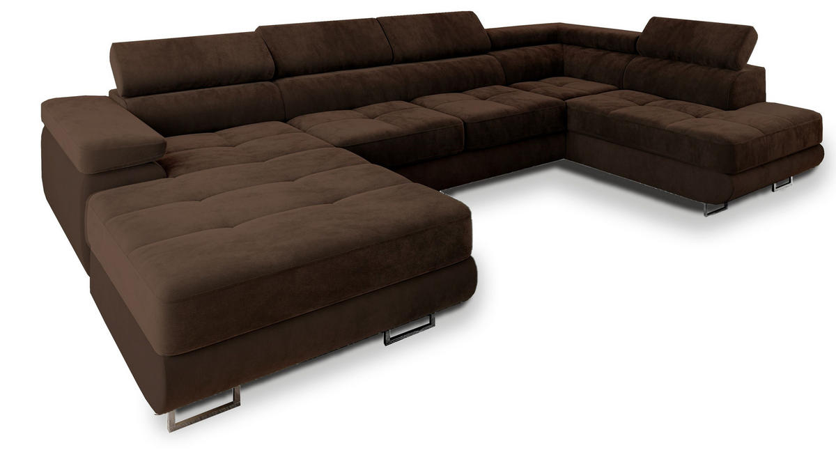 WOHNLANDSCHAFT CASONE R-S Braun Velours-Stoff mit Schlaffunktion - Braun, Holz (345/90/202cm) - MASSENO