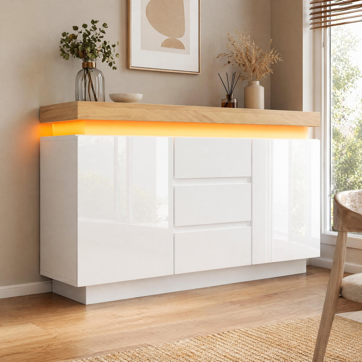 KUCHYŇSKÁ SKŘÍŇ bílá lesklá, zásuvky, LED osvětlení, do obývacího pokoje a ložnice, 140×39×81 cm - bílá, kompozitní dřevo (140/81/39cm) - STILVORA