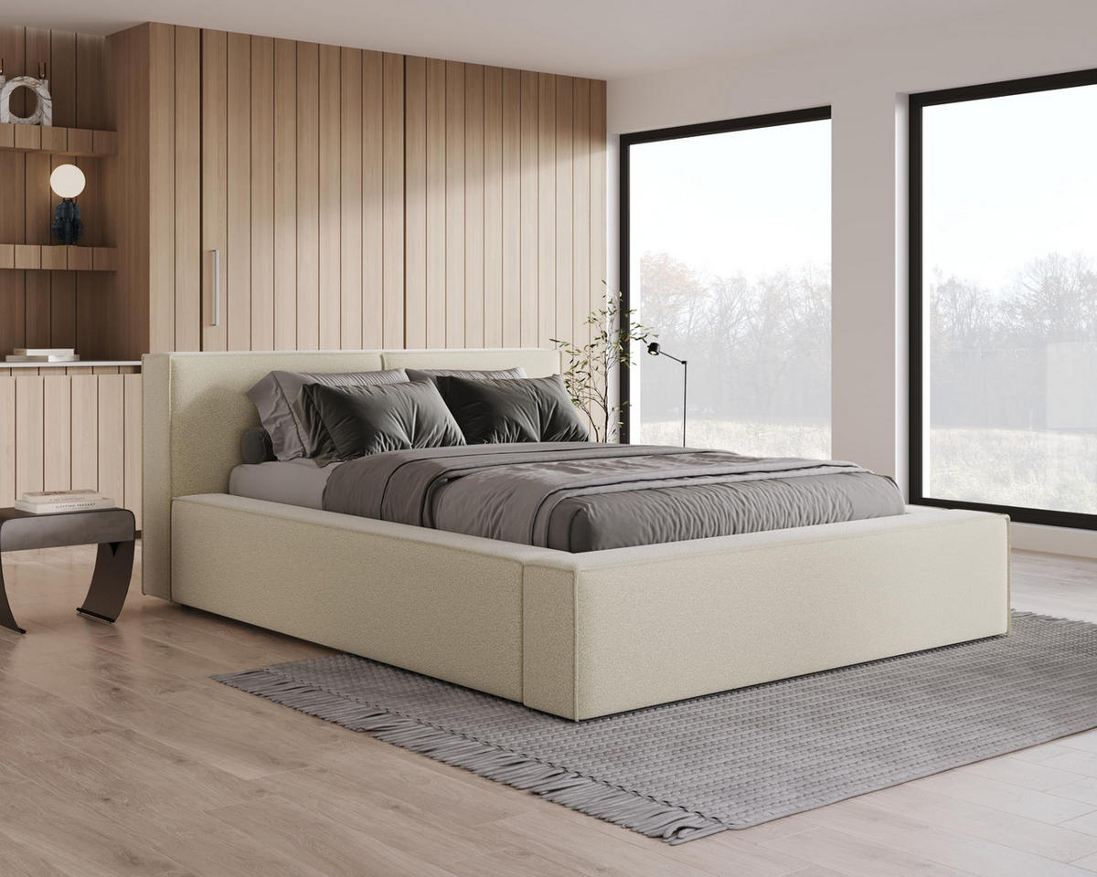 POLSTERBETT 180x200 mit Bettkasten, Lattenrost und Kopfteil, Eleganter Bouclé-Stoffbezug Beige - Beige, Holz (180/200cm) - Chilly