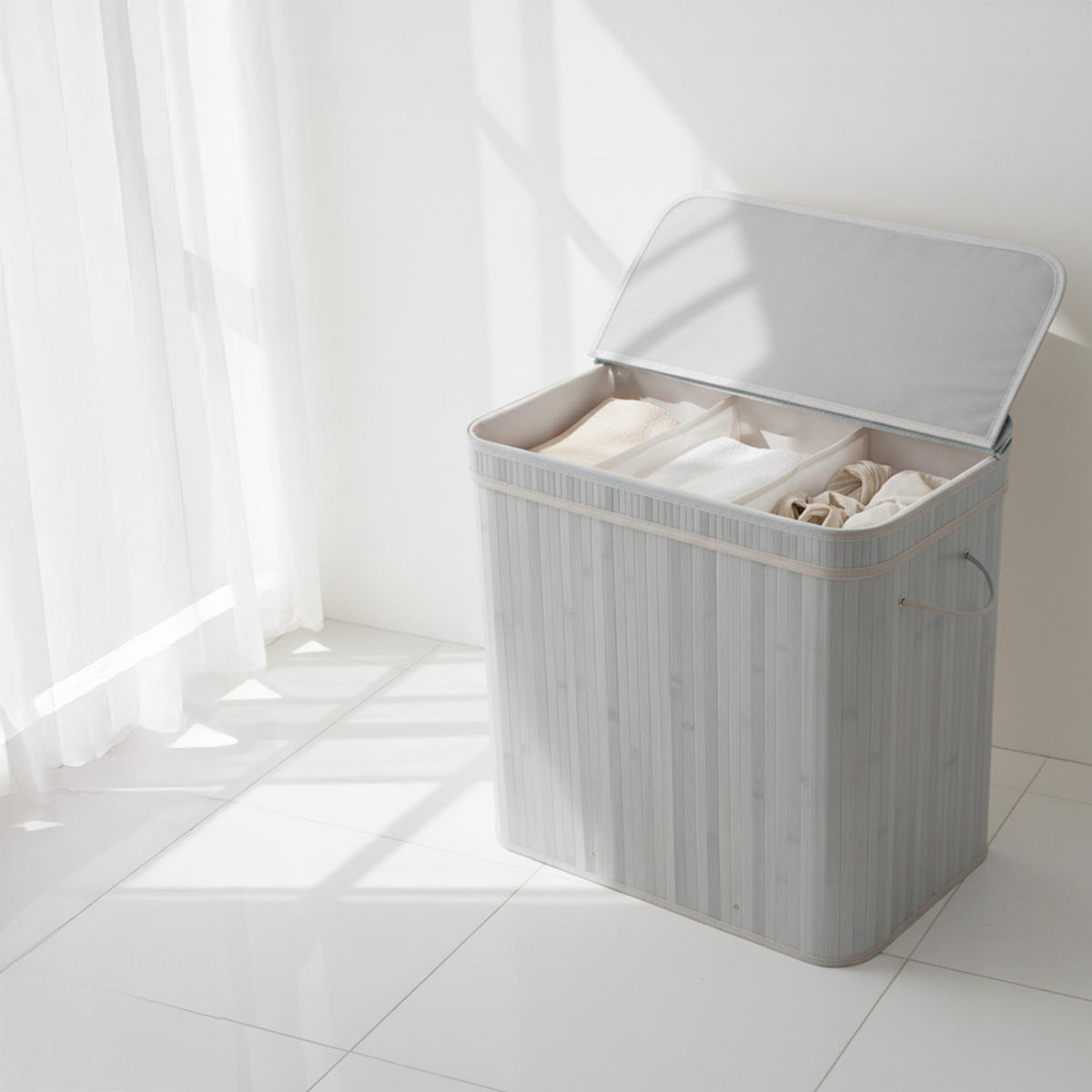 KÔŠ na prádlo - sivá, drevo/textil (41.5/61/61.5cm) - Relaxdays