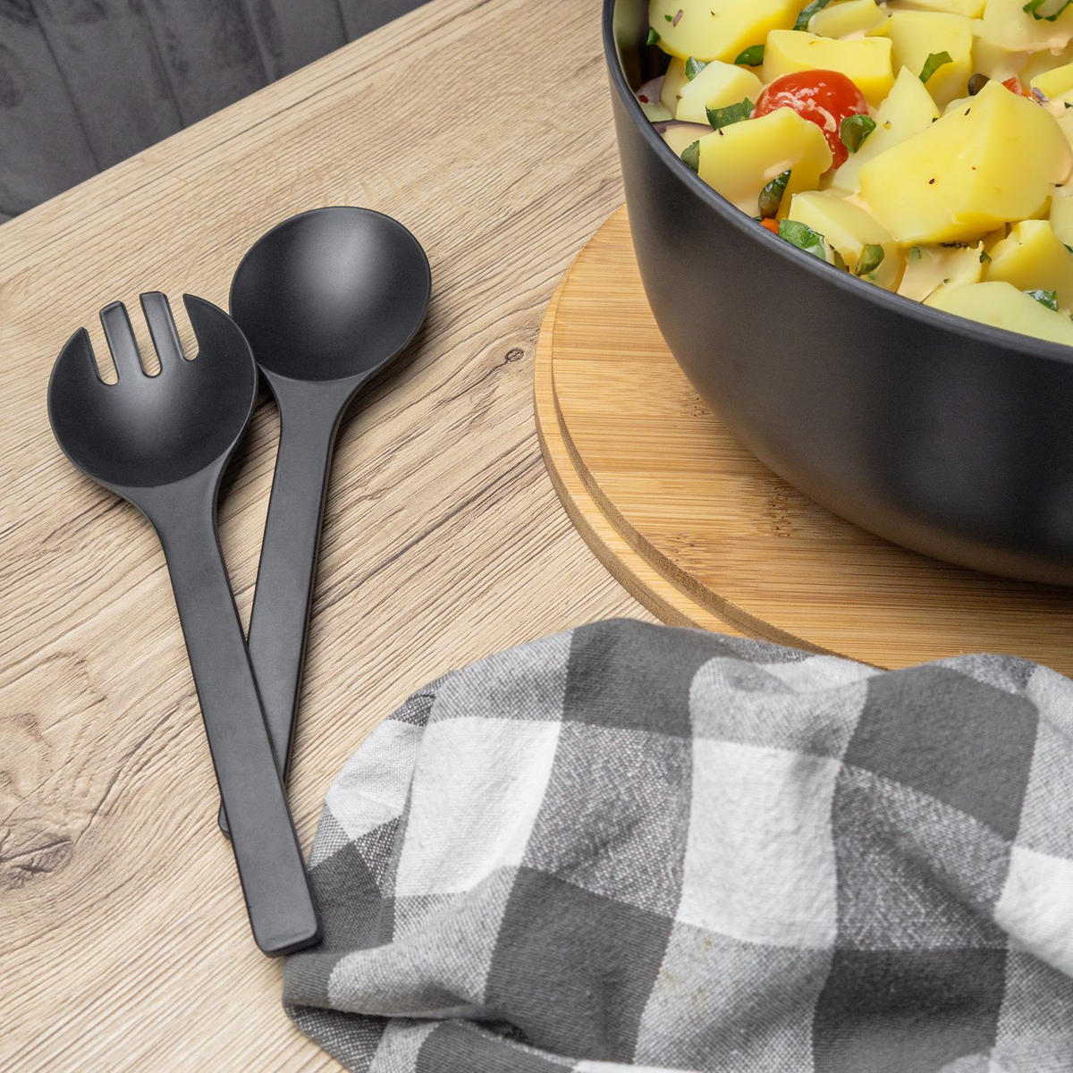 SALATSCHÜSSEL mit Besteck - Schwarz, Kunststoff (24.5cm) - Intirilife