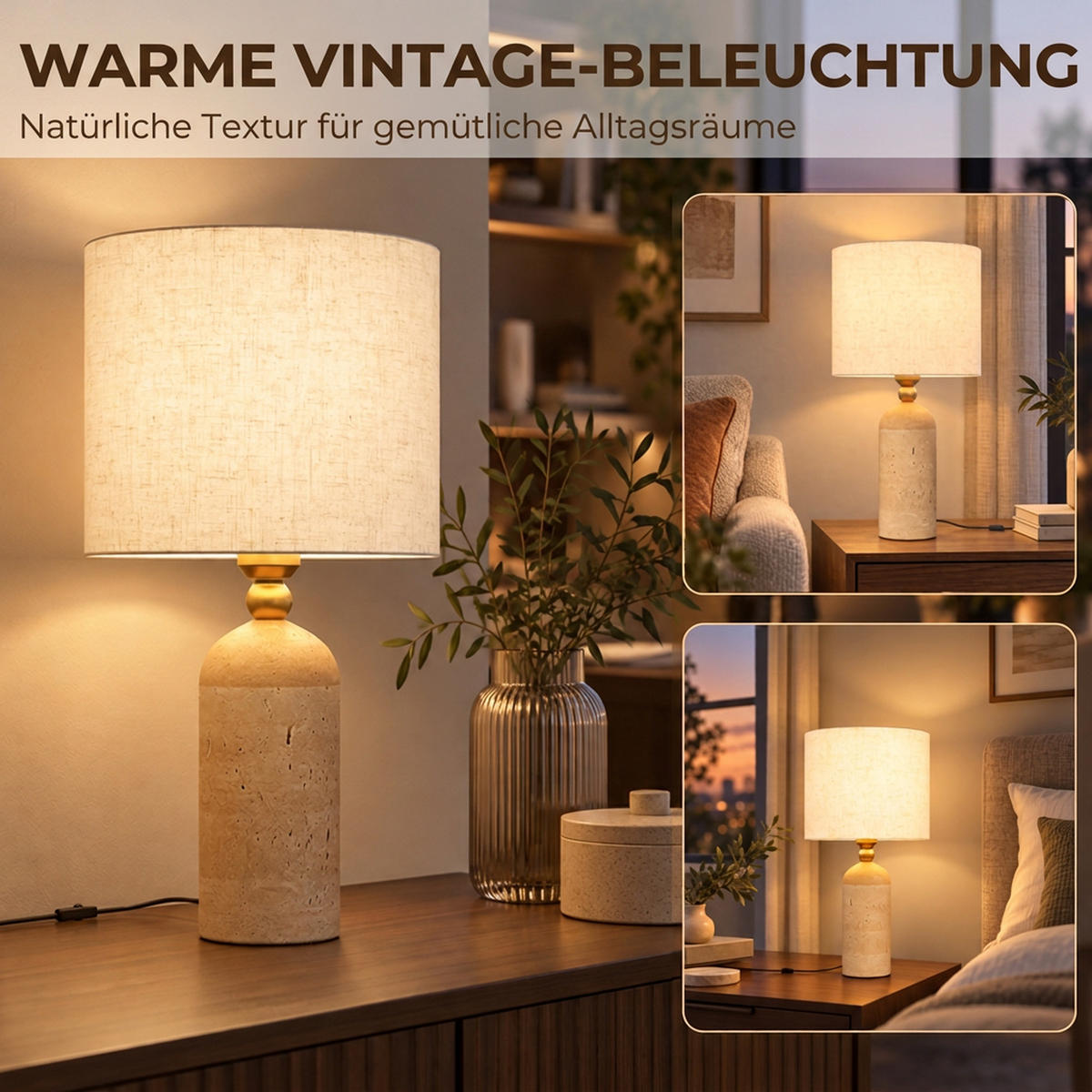 TISCHLAMPE Travertin Leinen Beige - Beige, Stein (25/25/48cm) - HOMCOM
