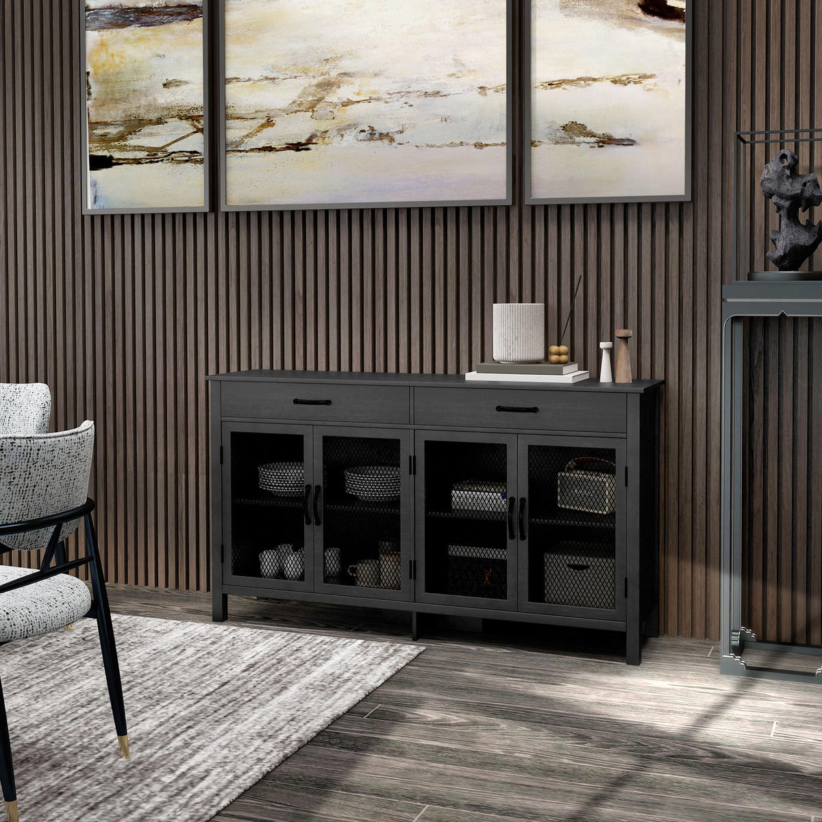 SIDEBOARD DE-11050 Industrie-Design, 4 Türen Schwarz - Schwarz, Holzwerkstoff (150/85/40cm) - ComfortXL