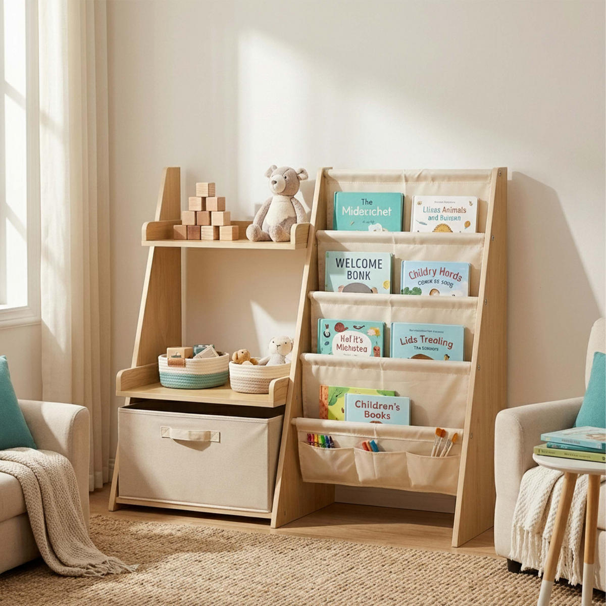 BIBLIOTECĂ Natur Alb Copii Buzunare din material textil Cutie pentru jucării - multicolor, compozit lemnos/material textil (84.5/80/34.5cm) - Relaxdays