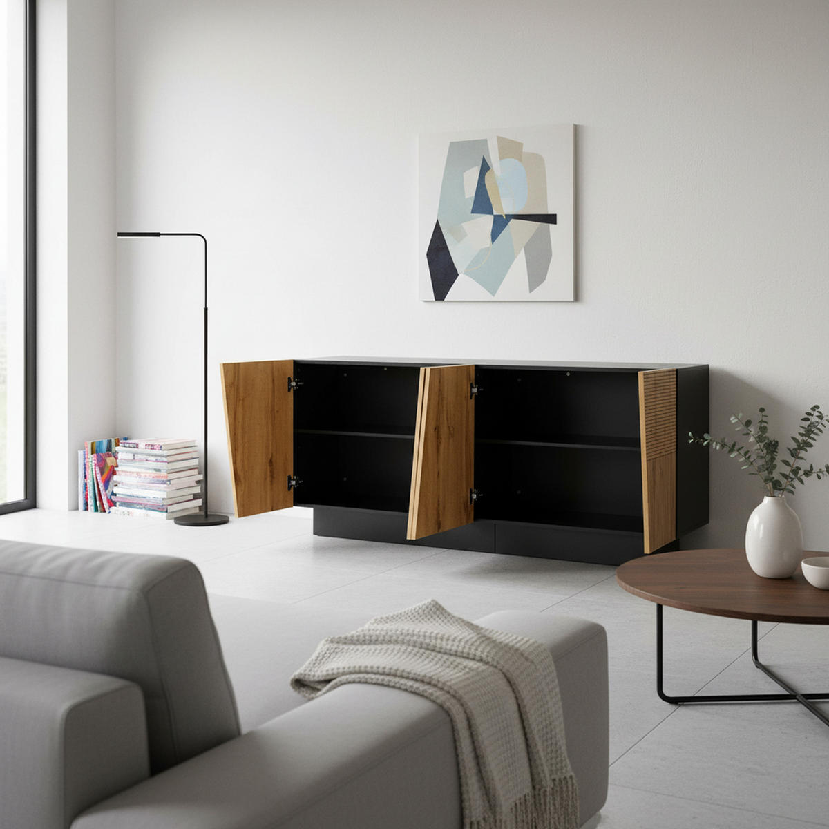 SIDEBOARD 160cm in Schwarz & Eiche-Optik - Walnussfarben, Holzwerkstoff (160/72/40cm) - Urban Meuble