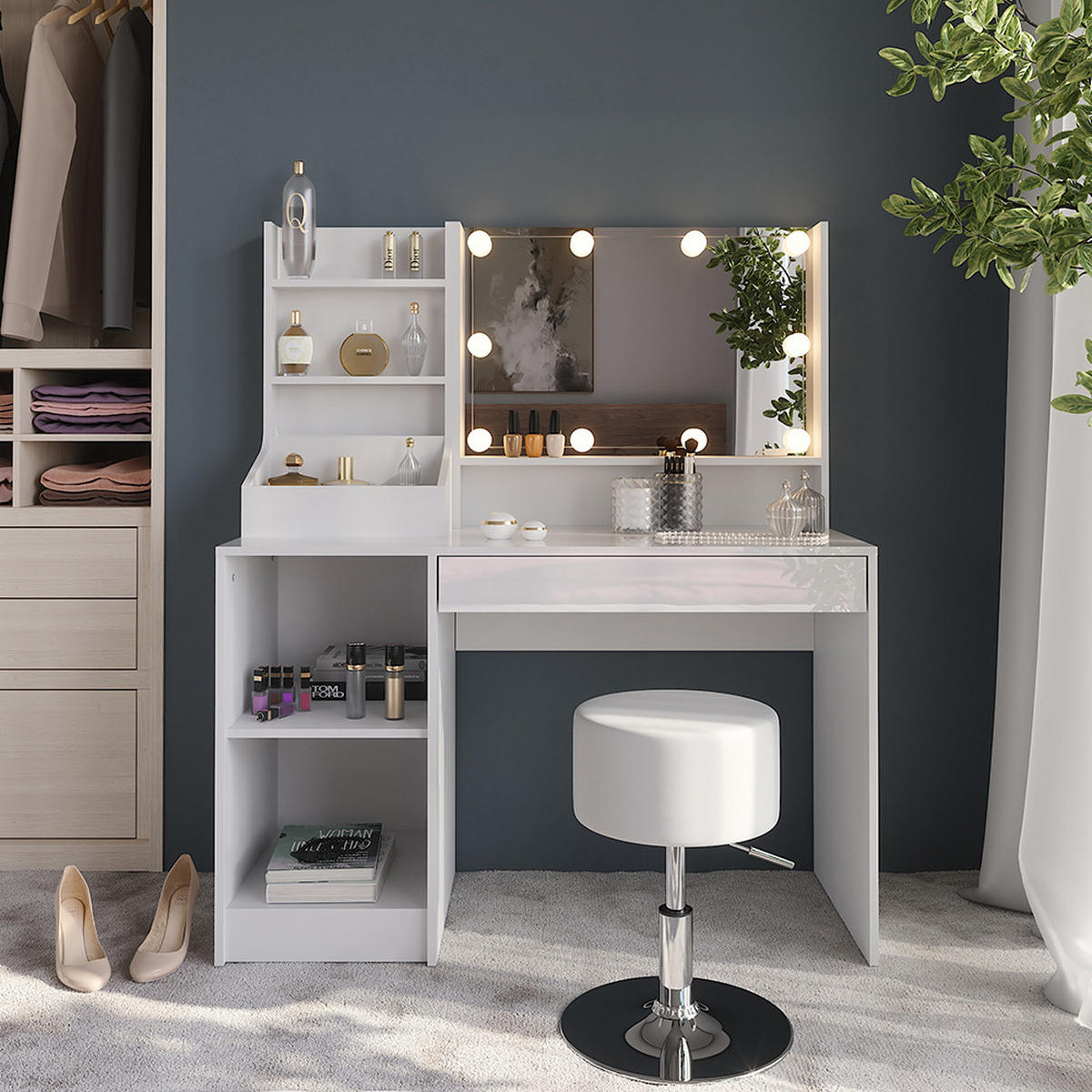 SCHMINKTISCH Sherry Weiß/Weiß Hochglanz 119.8 cm 5 Teile - Weiß Hochglanz, Holzwerkstoff (119.8/76/50.1cm) - Vicco