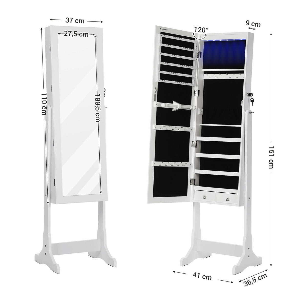 SCHMUCKSCHRANK Betty - Weiß, Holzwerkstoff (41/36/151cm) - SONGMICS