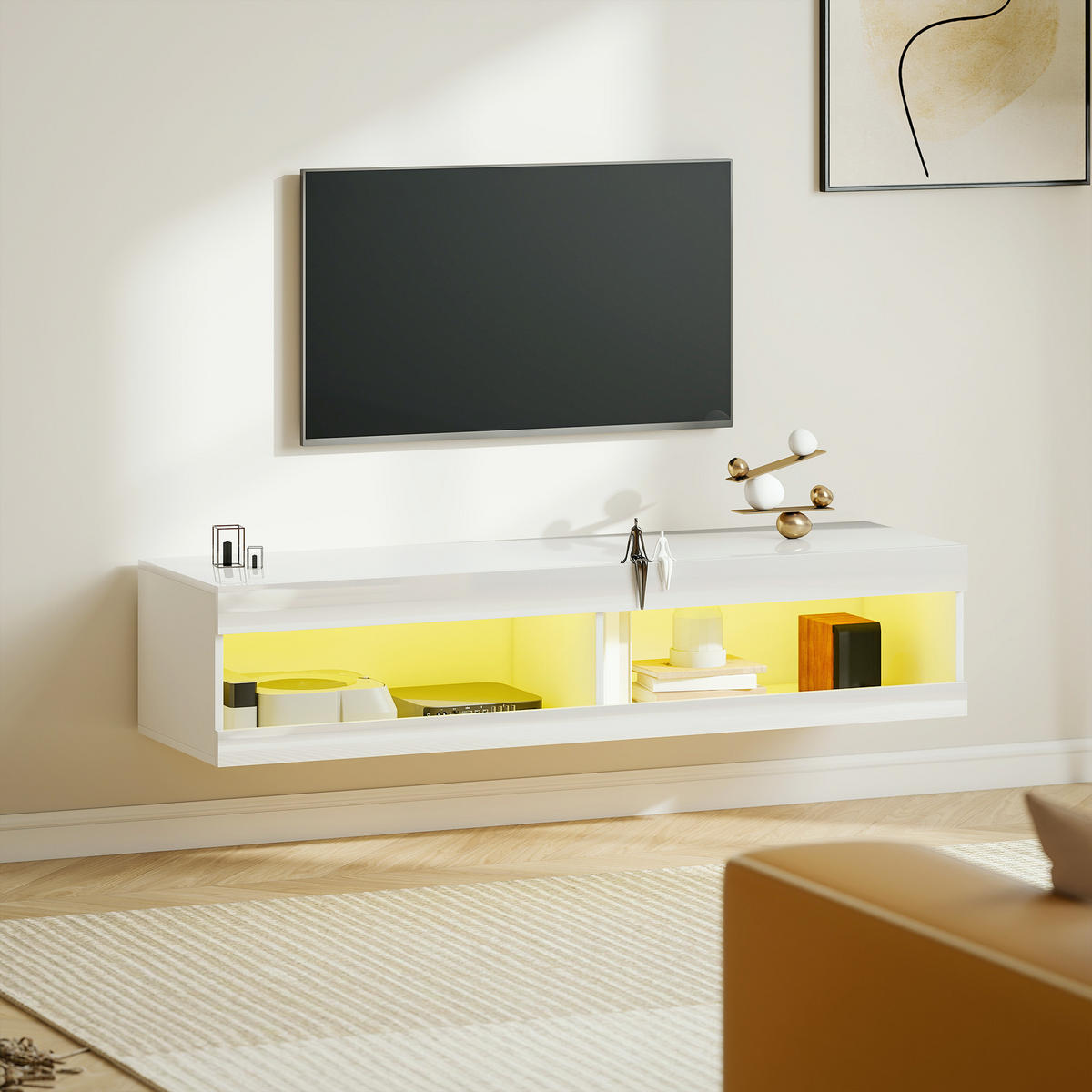 TV Schrank, Hängendes TV Lowboard mit RGB LED-Beleuchtung, offenen Stauraum - Weiß Hochglanz, Holzwerkstoff (40/30/140cm) - HOMCOM