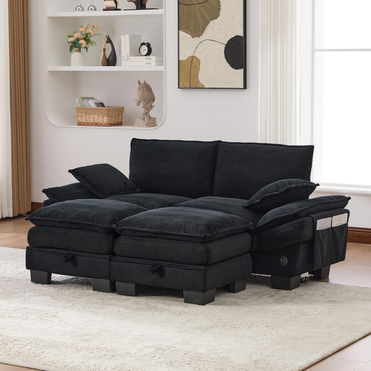 2-SITZER SOFA Cord Schwarz mit USB-C und Hocker - Schwarz, Holzwerkstoff/Kunststoff (190/84/132cm) - WISHDOR