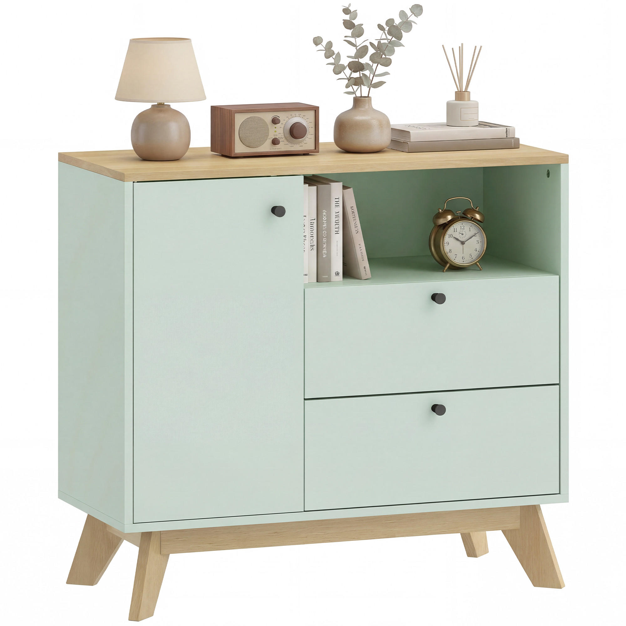 SIDEBOARD Hellgrün und Eiche-Nachbildung, 1 Tür, 2 Schubladen, 80/35/76,3 cm - Hellgrün, Holz (80/76.3/35cm) - PANGIVO