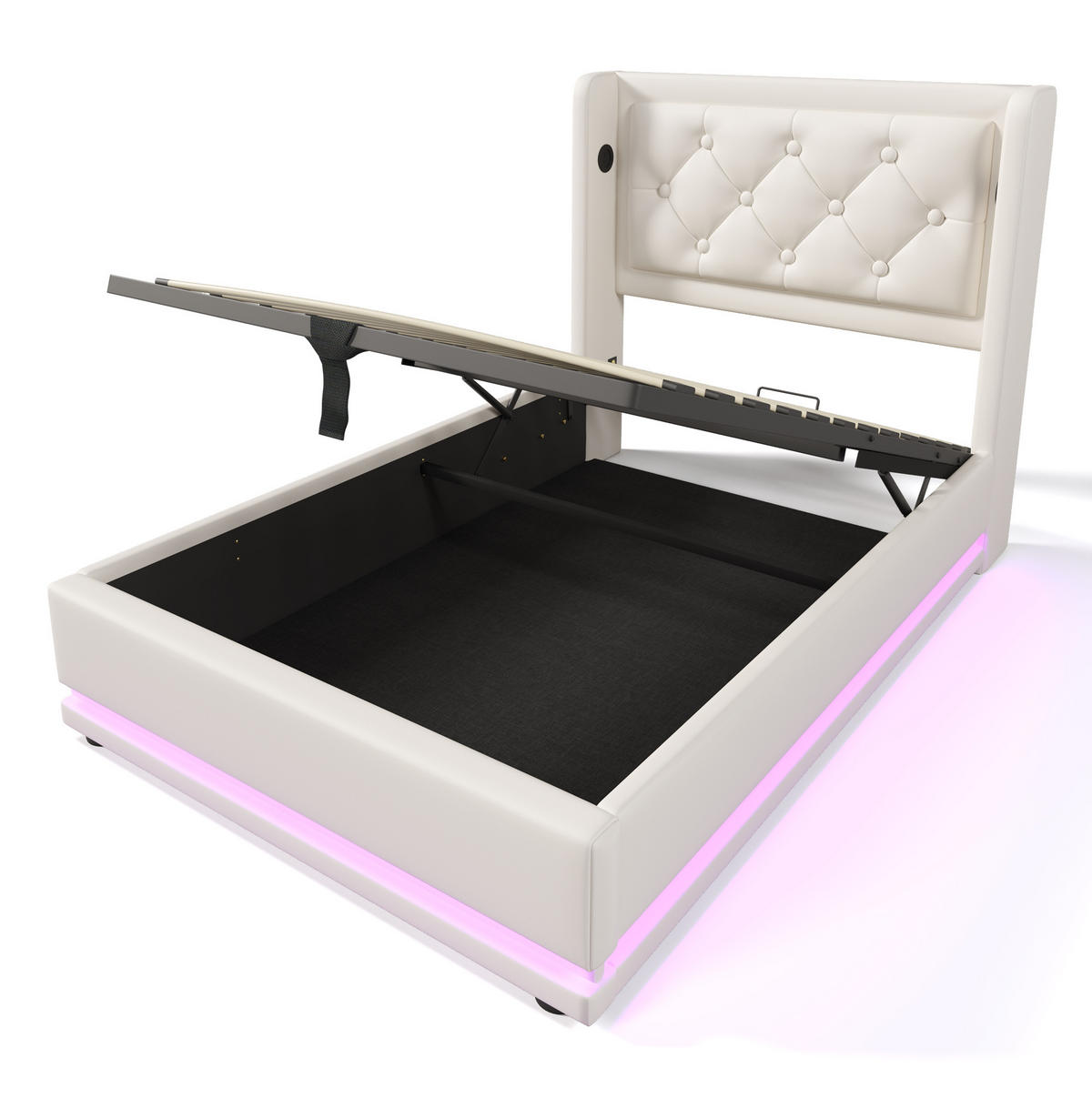 POLSTERBETT aus Kunstleder 90x200 cm in Weiß mit LED & USB/Typ-C - Weiß, Leder (90/200cm) - Modfu