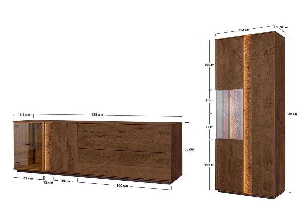 WOHNWAND Collodi Wildeiche Tabak (2-tlg) - Wildeiche/Eichefarben, Holz (269.5/205/43.5cm) - Feldmann-Wohnen