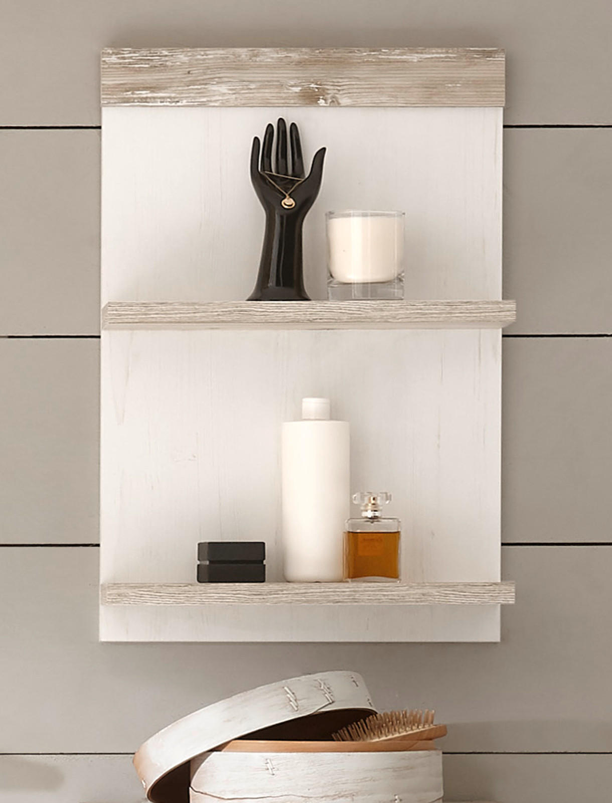 BAD-HÄNGEREGAL Pinie weiß, Oslo Pinie Landhaus, Wandregal hängend, 40 x 62 cm - Weiß/Pinienfarben, Holzwerkstoff (40/62/12cm) - Furn.Design