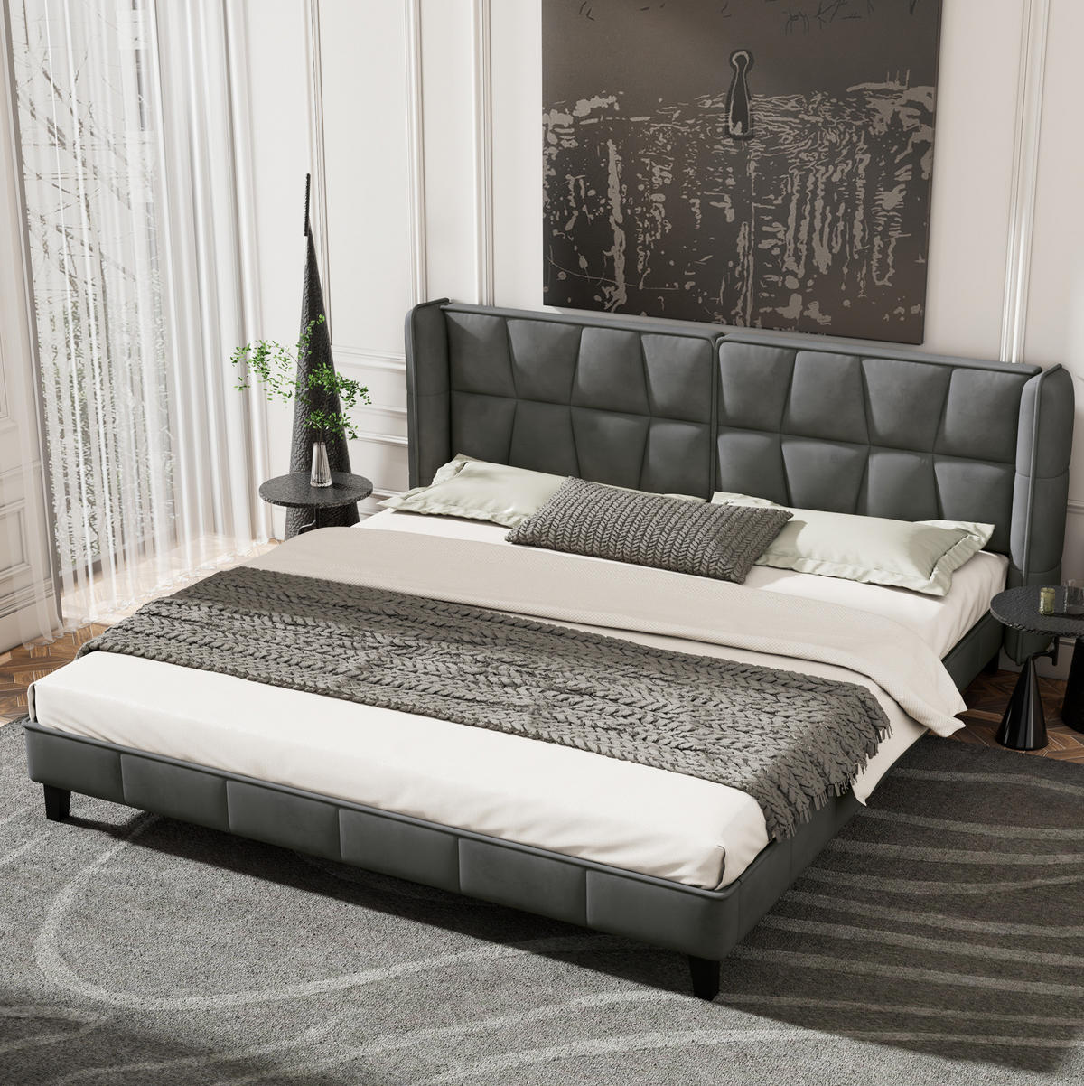 SAMT-POLSTERBETT 180/200 cm in Grau mit Lattenrost und gepolstertem Kopfteil - Grau, Textil (180/200cm) - BEAOK