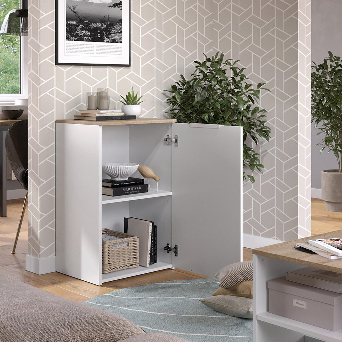 KOMMODE Wido Weiß 50 x 80 cm mit Regal - Weiß/Sonoma Eiche, Holzwerkstoff (50/80/40cm) - Vicco