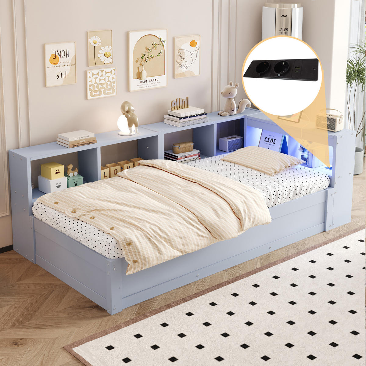 SCHLAFSOFA 90x200cm LED Stauraum Steckdose Massivholz Grau - Grau, Holzwerkstoff (90/200cm) - FLIEKS
