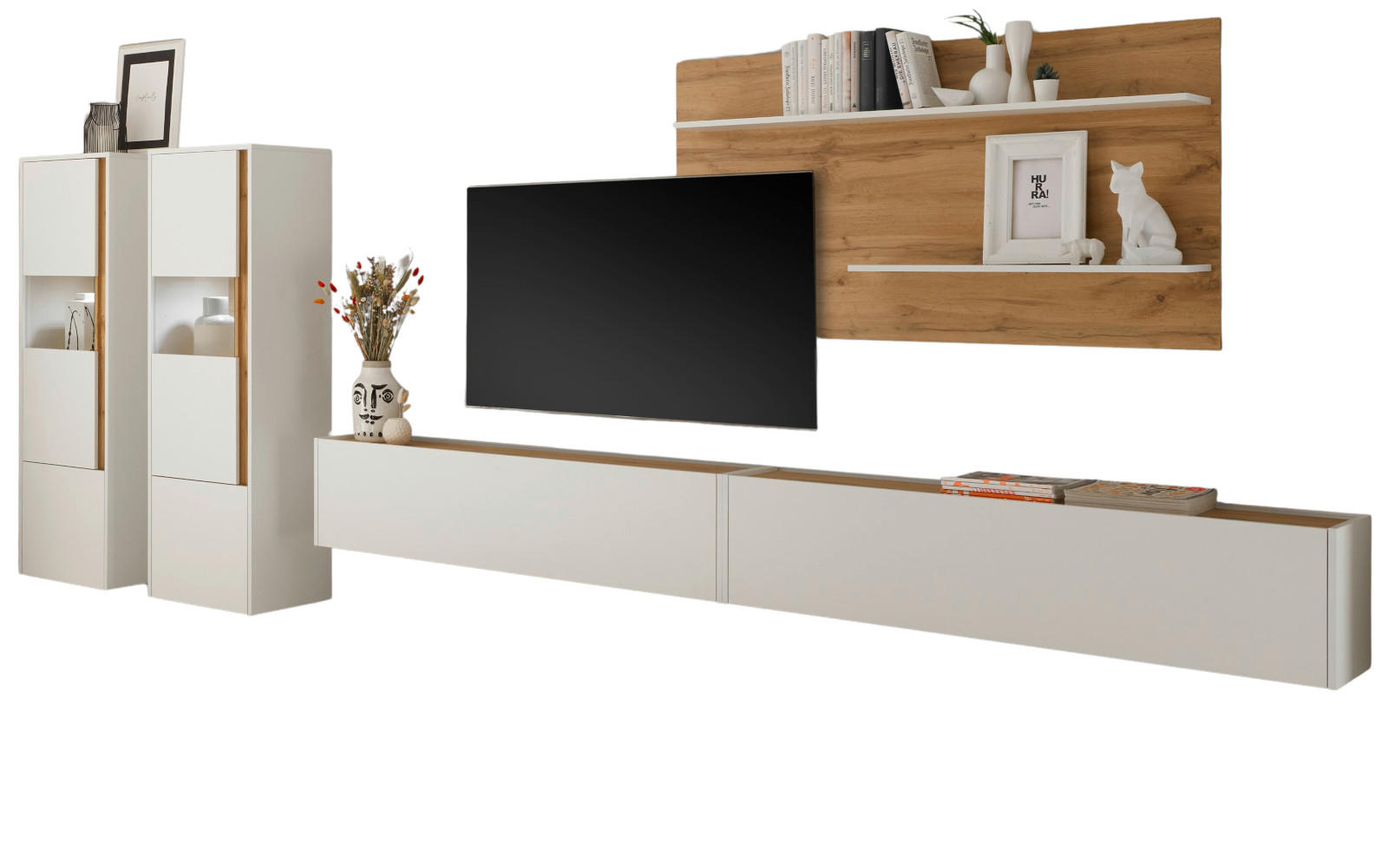 WOHNWAND weiß, Eiche Wotan 5-teilig 440 cm - Eiche Wotan/Schwarz, Glas/Holz (440/180/40cm) - Furn.Design