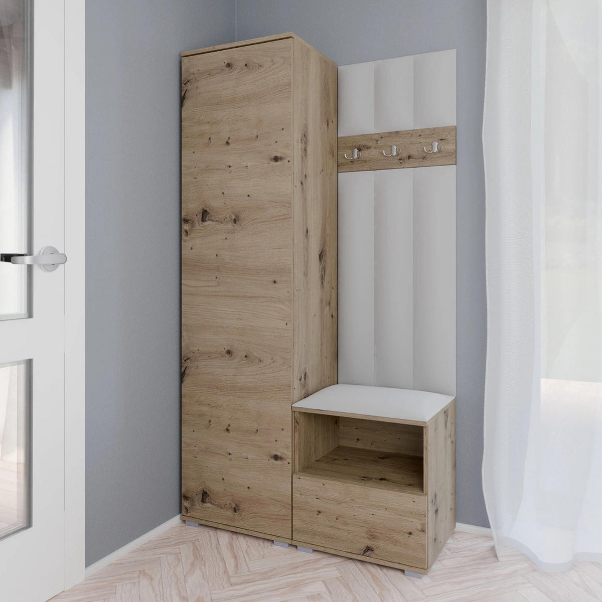 GEPOLSTERT Garderoben-Set Nela I LUX (Eiche Artisan + Stoff Trinity 32) - Silberfarben/Hellgrau, Holz/Holzwerkstoff (100/187/40cm) - Ravio