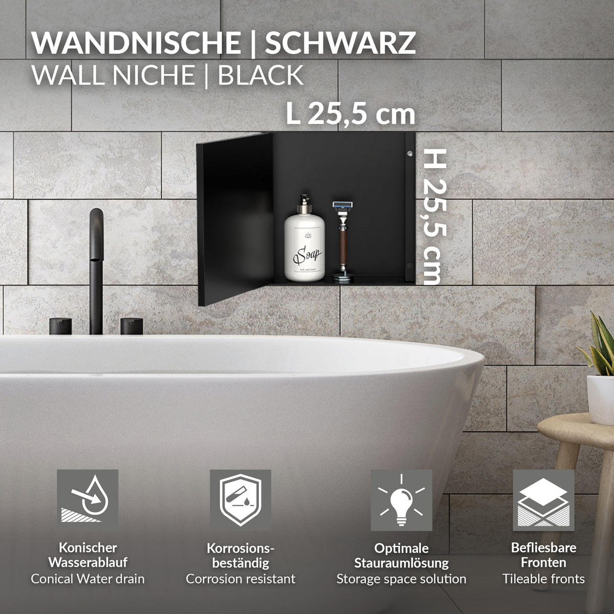 SPRCHOVÁ NIKA z nerezové oceli s obkladovými dvířky, černá, 25,5/25,5 cm - černá, kov (30/10/30cm) - LuxeBath