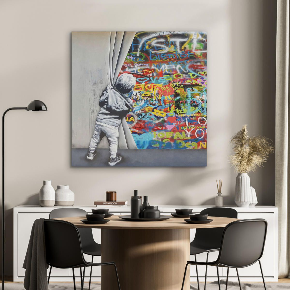 AKUSTIKBILD Graffiti - Junge - Ilussie - Straßenkunst Akustikpaneele 90x90 cm - Hellgrau, Textil (90/90/0.9cm) - MuchoWow