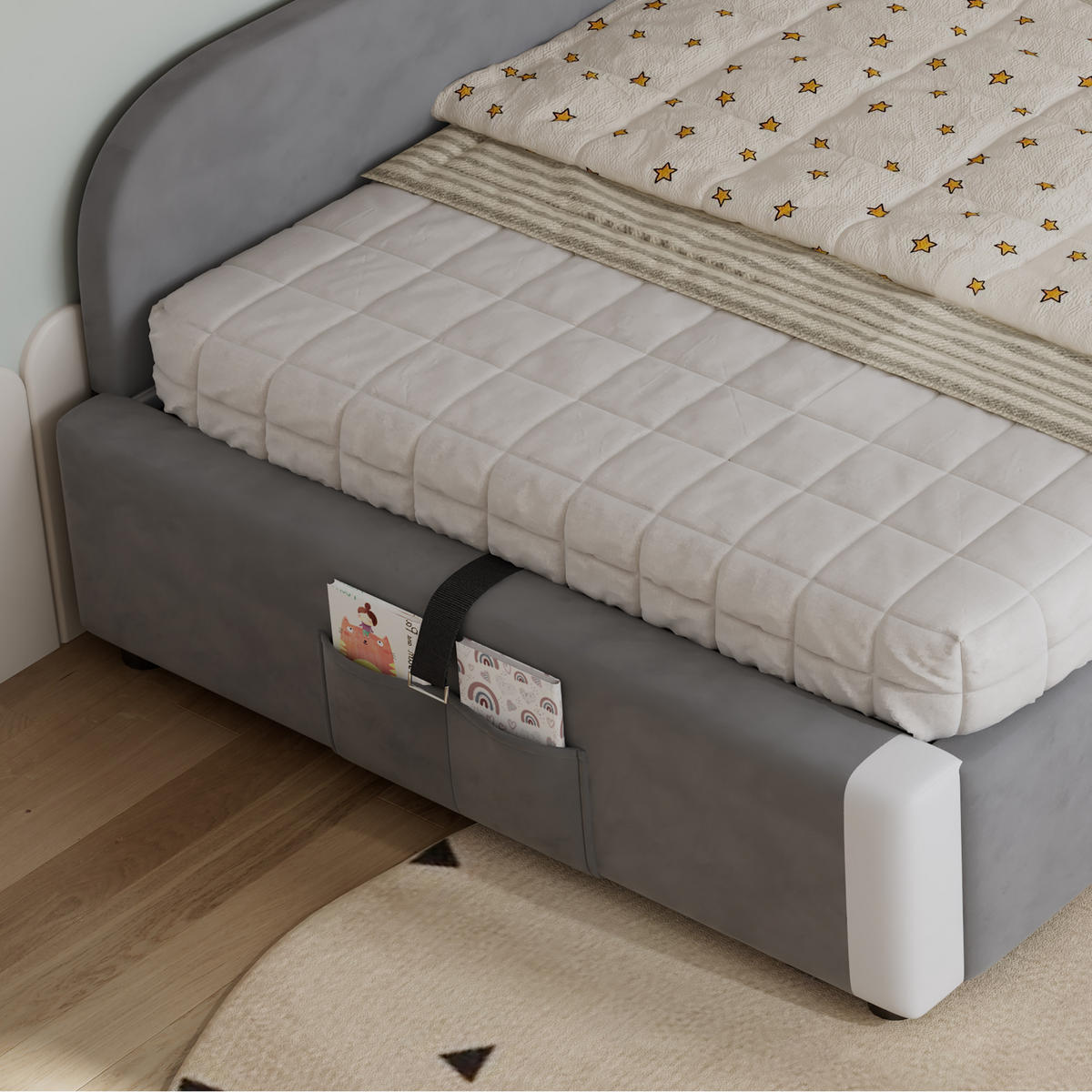KINDERBETT 90/200 cm in Weiß & Grau mit Bettkasten und Aufbewahrungstasche Samt - Grau, Holzwerkstoff/Textil (90/200cm) - STILVORA