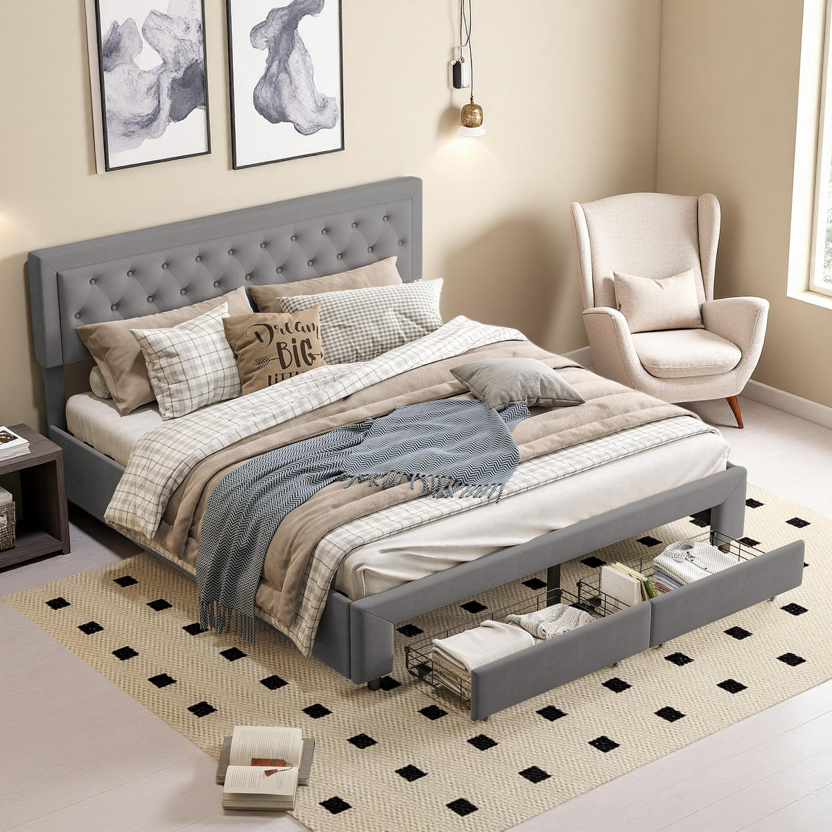 POLSTERBETT 180x200 cm Stauraum 2 Schubladen Lattenrost Samt grau - Grau, Holz (180/200cm) - LEBENLANG
