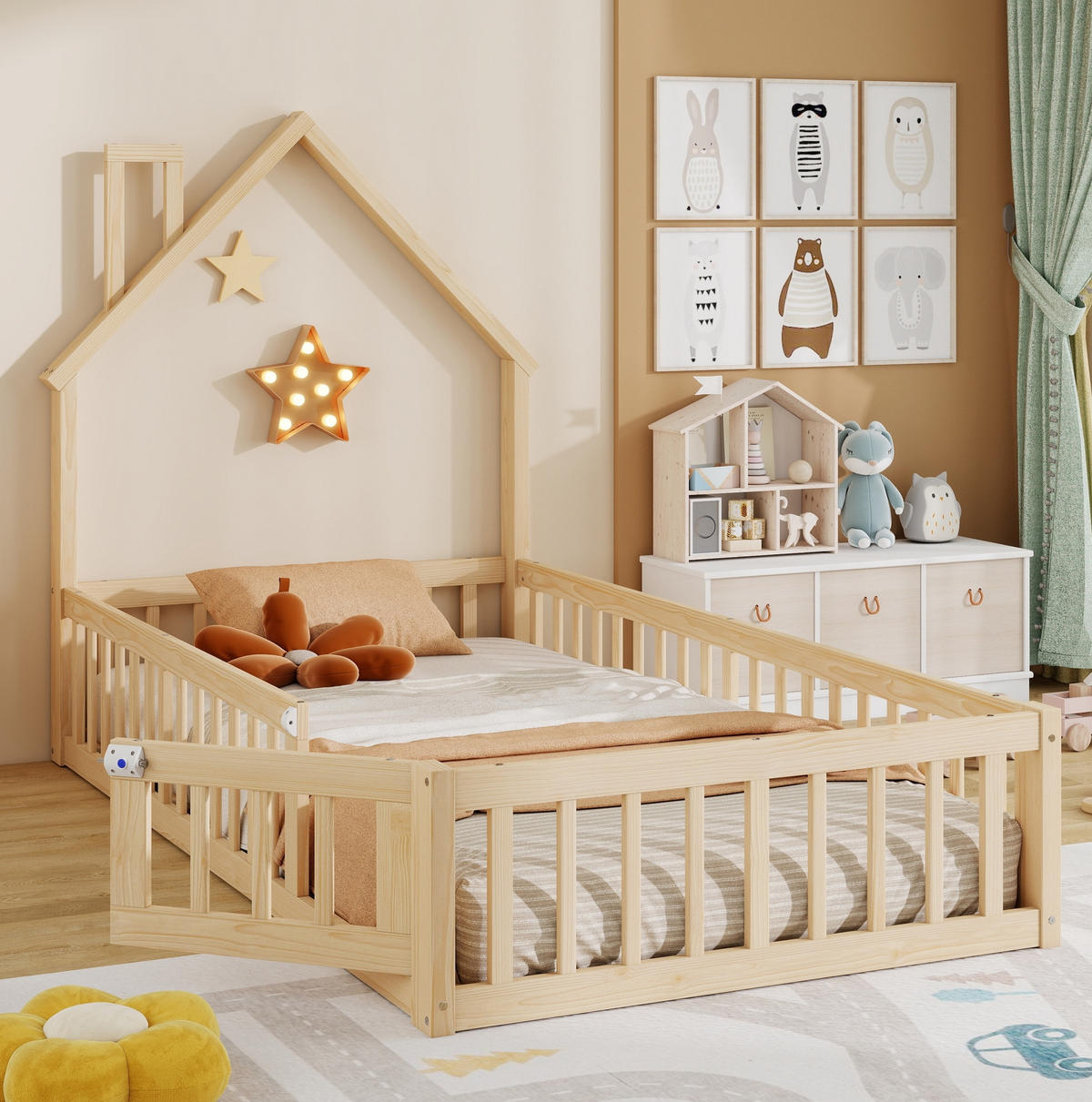 KINDERBETT 90/200 cm Natur aus Kiefernholz und MDF mit Sicherheitsgitter - Naturfarben, Holzwerkstoff (90/200cm) - OKMYHOME